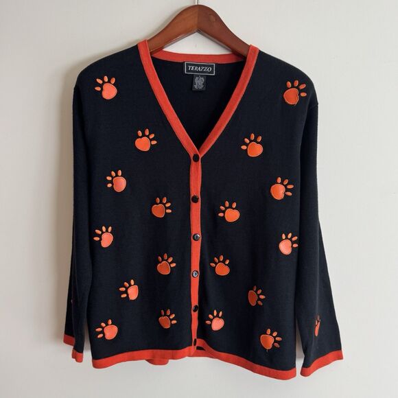 Terazzo Women’s Large Black Cardigan Paw Print Sweater Orange Trim Dog Cat - Picture 5 of 13